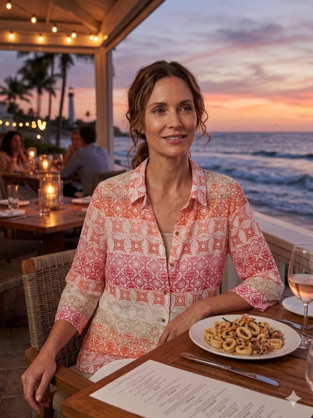 Chico's Coral/Pink/Cream Geometric Patterned Button-Up Shirt (1)